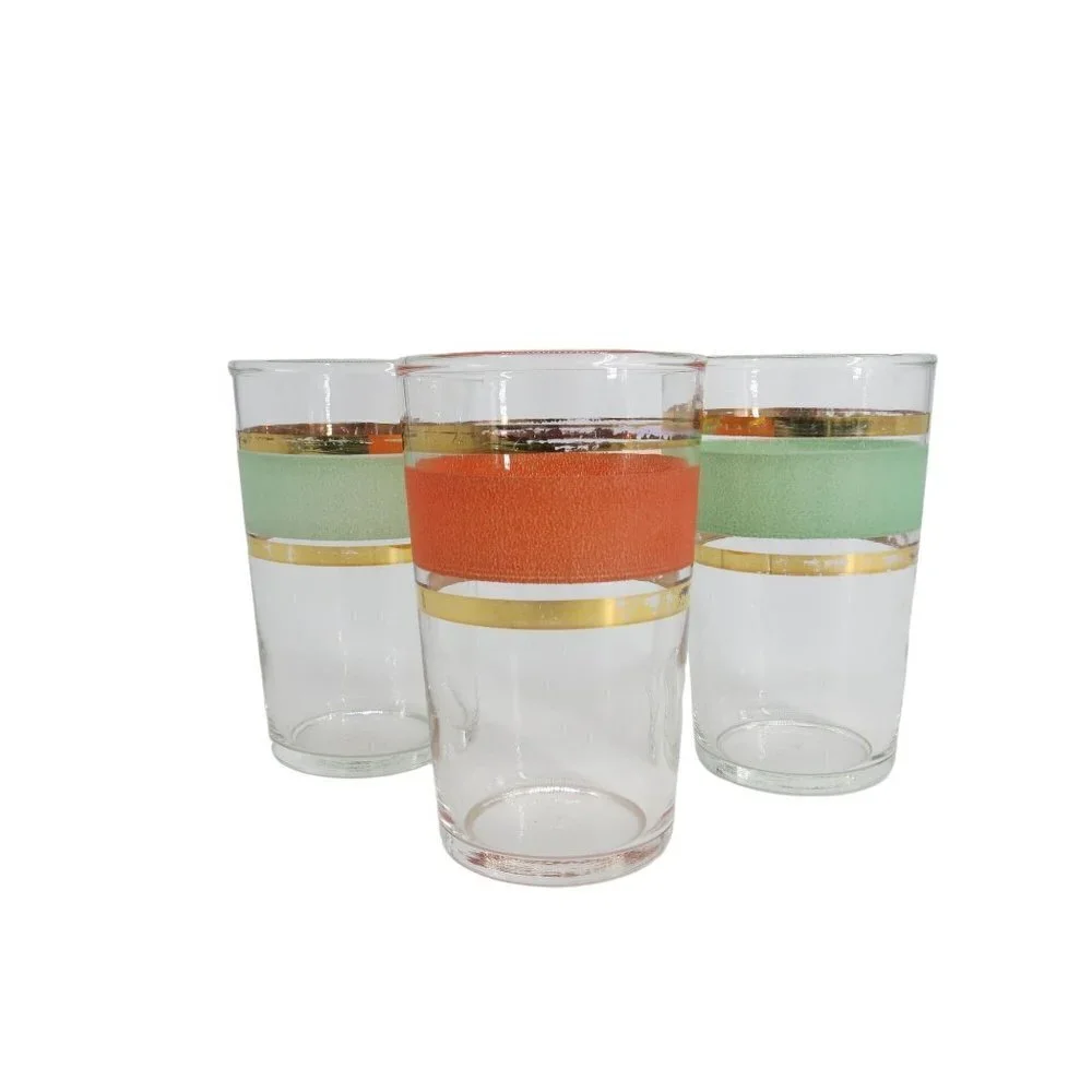 Vintage FEDERAL GLASS Set of 3 Midcentury Stripe Juice Glasses Orange Green Gold